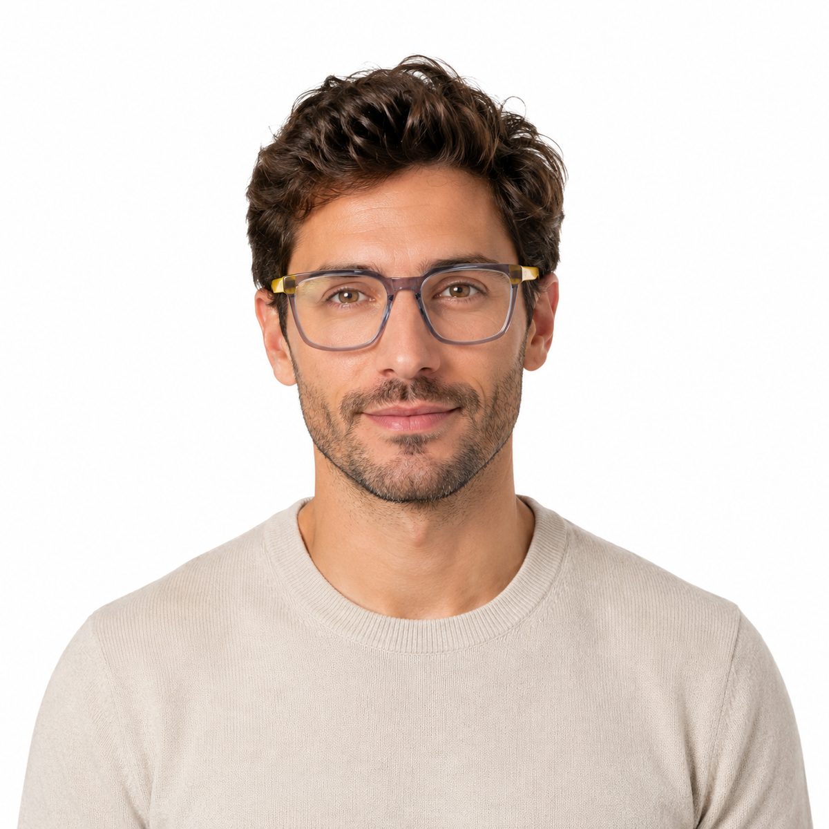 Óculos de Grau HT Eyewear Masculino Cinza Translúcido com Hastes Amarelas