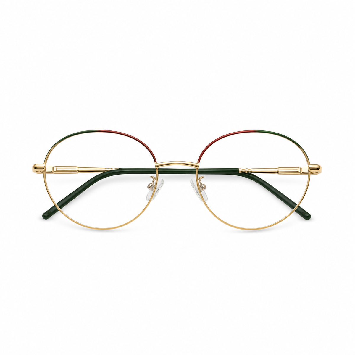 Óculos de Grau Feminino Redondo Dourado com Detalhes Verde e Vermelho
