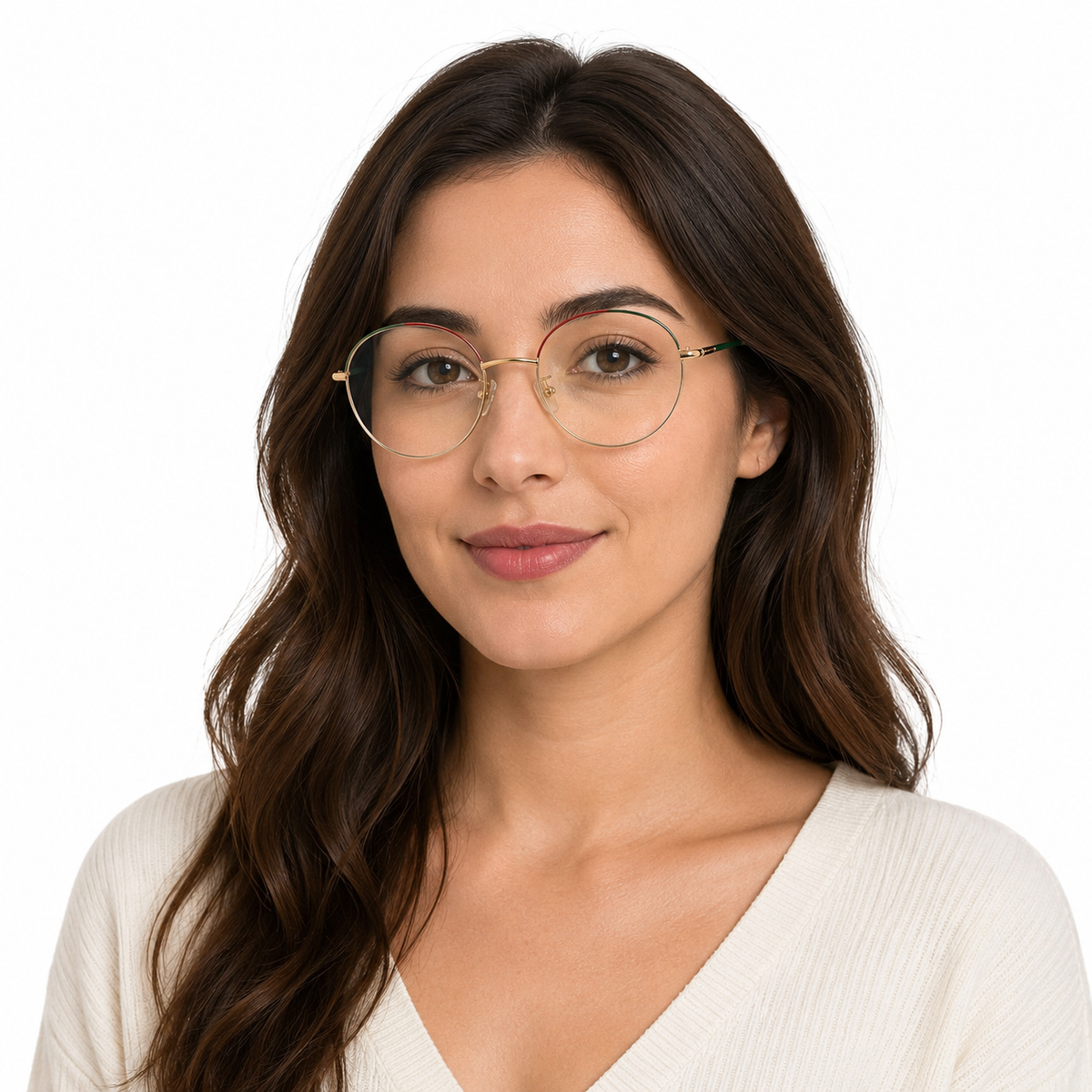 Óculos de Grau Feminino Redondo Dourado com Detalhes Verde e Vermelho