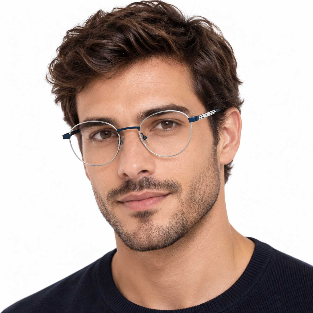 Óculos de Grau Masculino TNG Redondo Azul Metálico e Branco