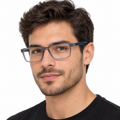 Óculos de Grau Masculino Cinza Translúcido com Hastes Azuis