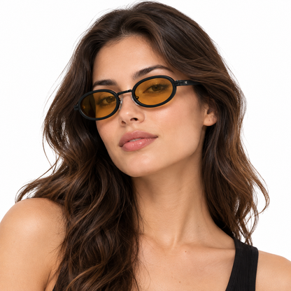Óculos de Sol Feminino Preto Oval com Lentes Âmbar