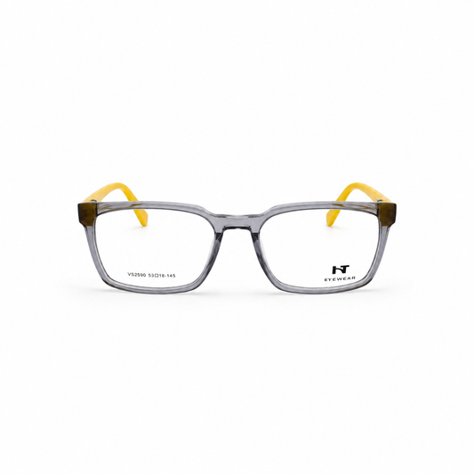 Óculos de Grau HT Eyewear Masculino Cinza Translúcido com Hastes Amarelas