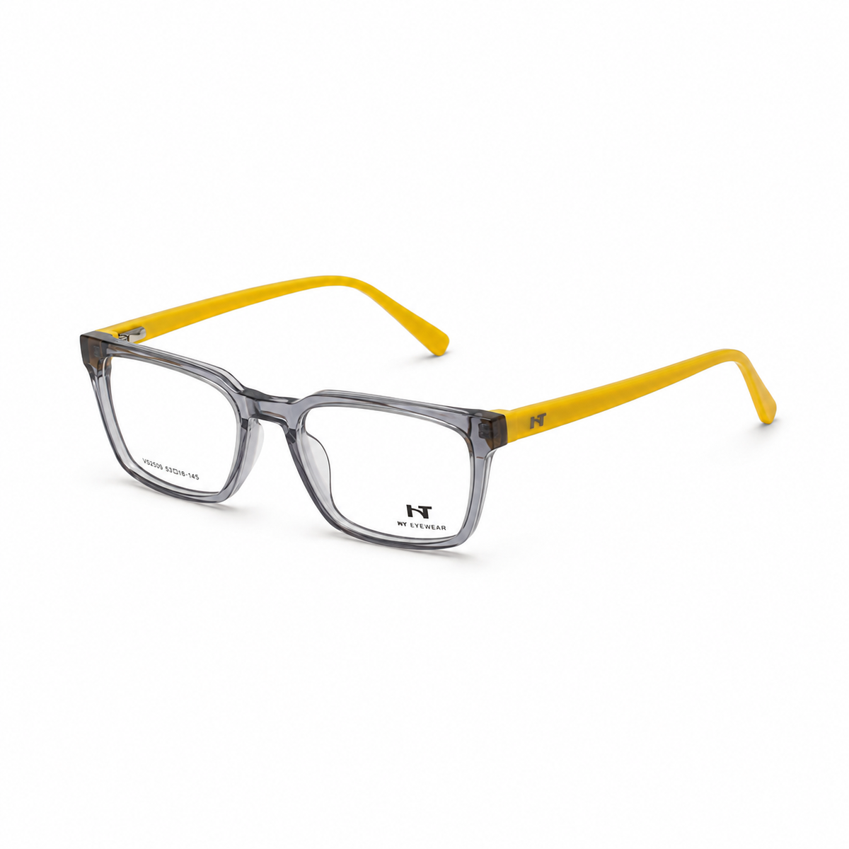 Óculos de Grau HT Eyewear Masculino Cinza Translúcido com Hastes Amarelas