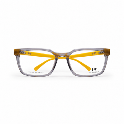 Óculos de Grau HT Eyewear Masculino Cinza Translúcido com Hastes Amarelas