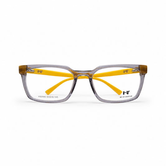 Óculos de Grau HT Eyewear Masculino Cinza Translúcido com Hastes Amarelas