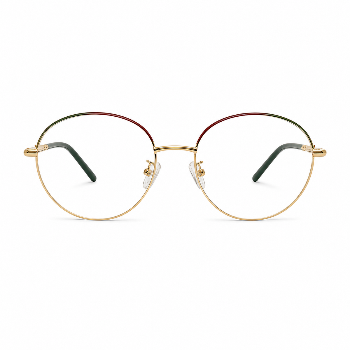 Óculos de Grau Feminino Redondo Dourado com Detalhes Verde e Vermelho