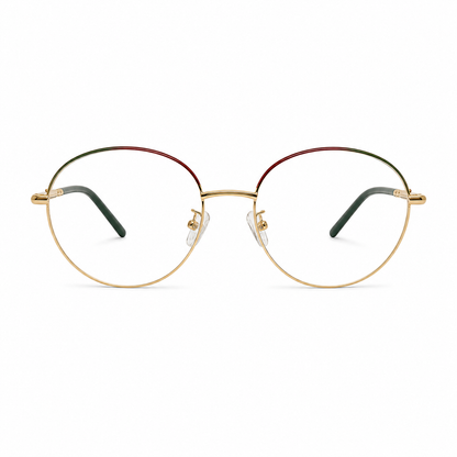 Óculos de Grau Feminino Redondo Dourado com Detalhes Verde e Vermelho