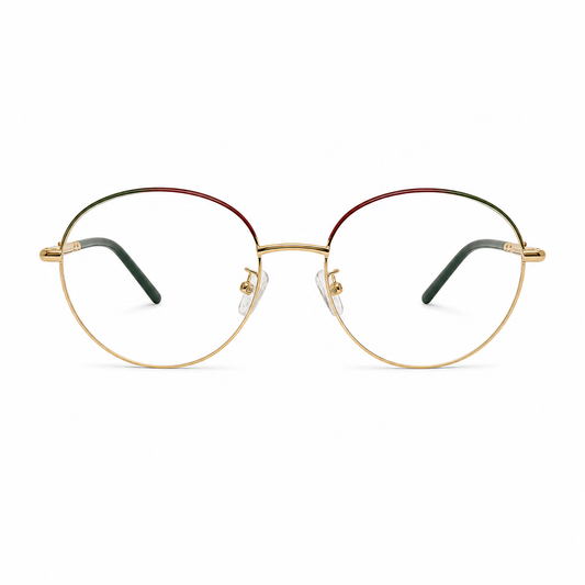 Óculos de Grau Feminino Redondo Dourado com Detalhes Verde e Vermelho