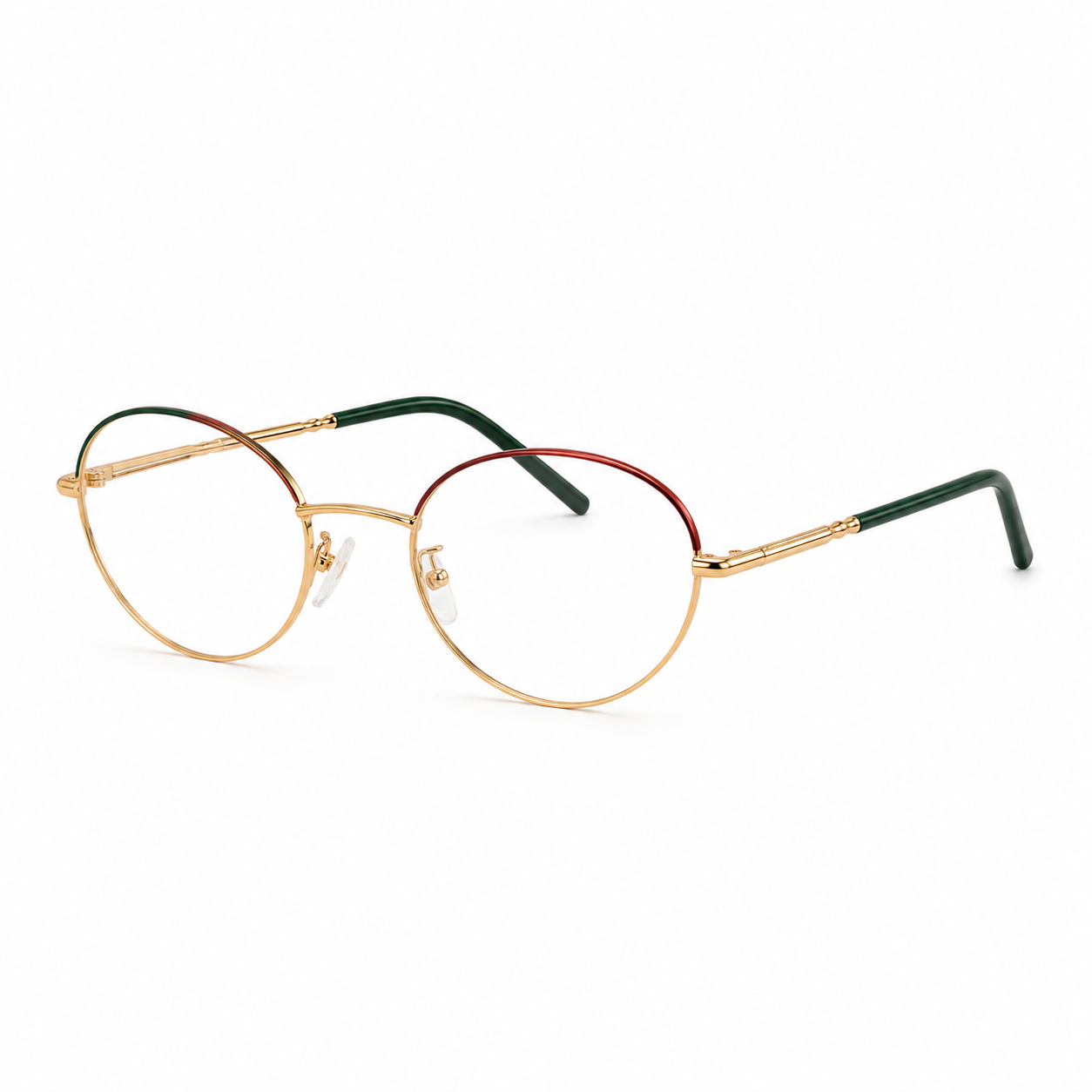 Óculos de Grau Feminino Redondo Dourado com Detalhes Verde e Vermelho