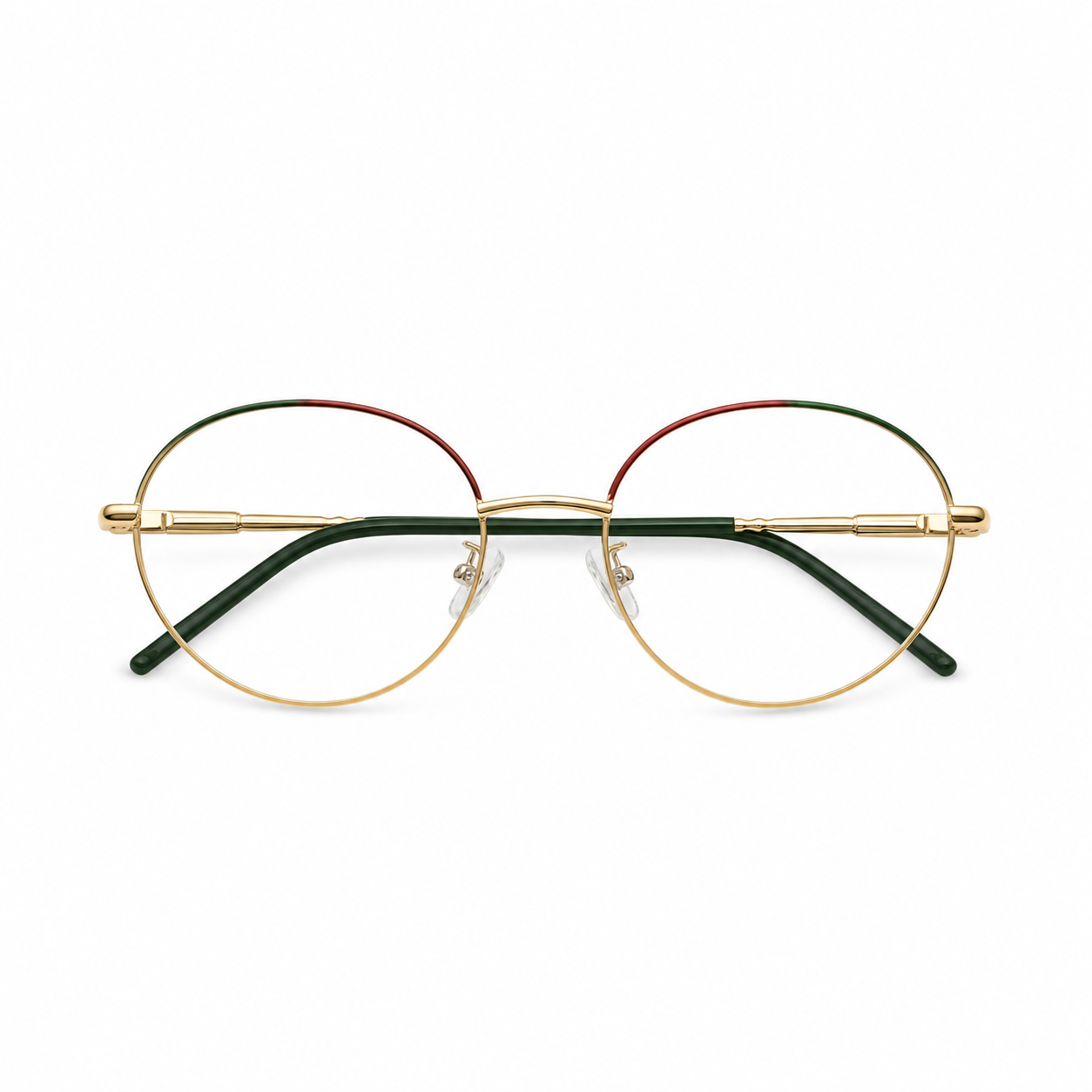 Óculos de Grau Feminino Redondo Dourado com Detalhes Verde e Vermelho