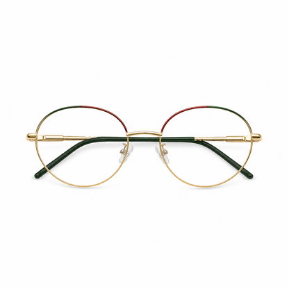 Óculos de Grau Feminino Redondo Dourado com Detalhes Verde e Vermelho