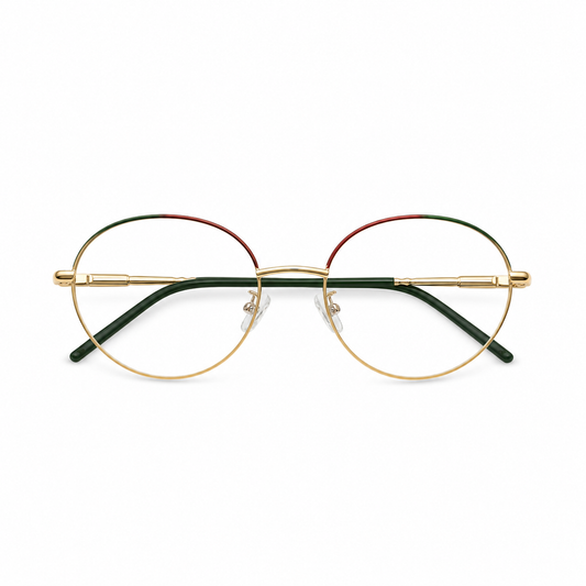 Óculos de Grau Feminino Redondo Dourado com Detalhes Verde e Vermelho