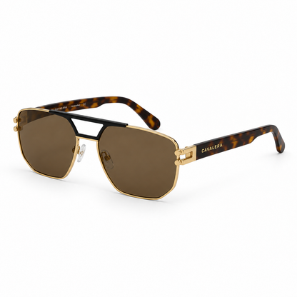 Óculos de Sol Unissex Cavalera Navigator Dourado com Hastes Tartaruga e Lentes Marrons
