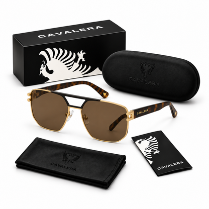 Óculos de Sol Unissex Cavalera Navigator Dourado com Hastes Tartaruga e Lentes Marrons