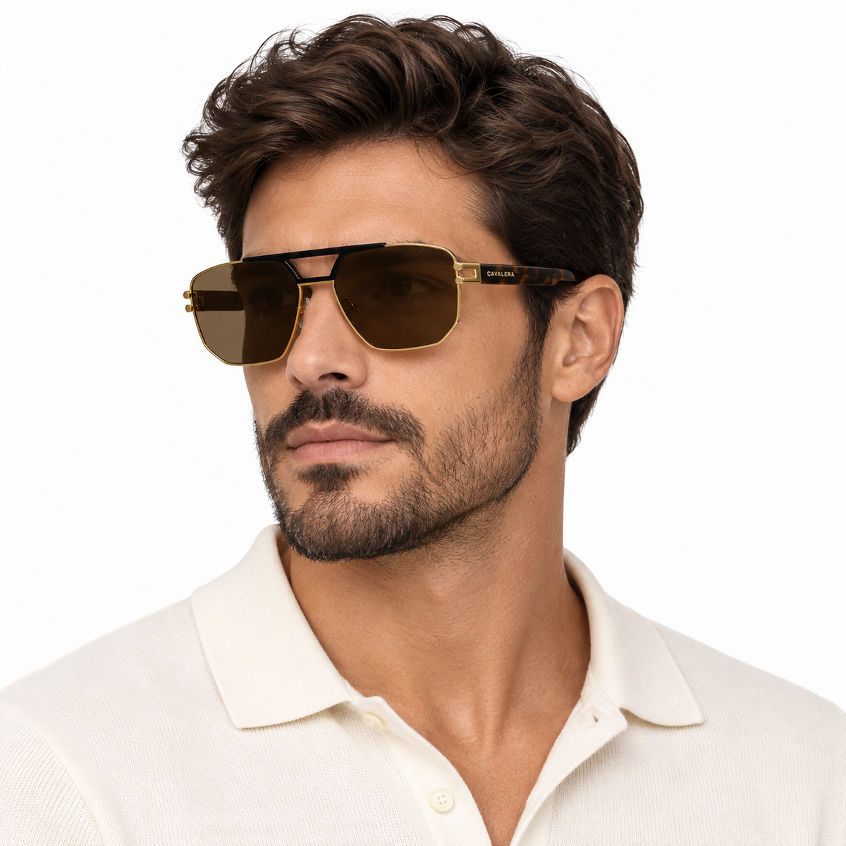Óculos de Sol Unissex Cavalera Navigator Dourado com Hastes Tartaruga e Lentes Marrons