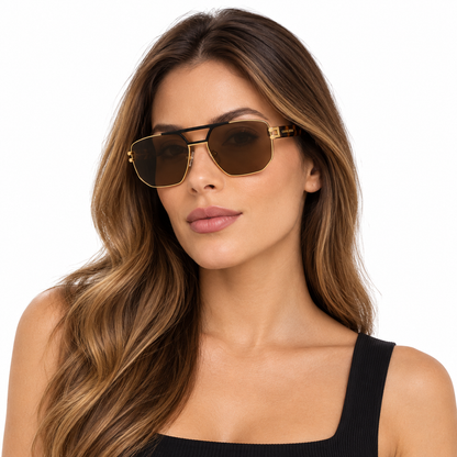 Óculos de Sol Unissex Cavalera Navigator Dourado com Hastes Tartaruga e Lentes Marrons
