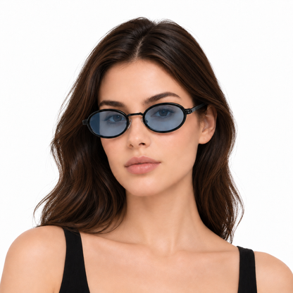 Óculos de Sol Feminino Oval Preto com Lentes Azul Claro