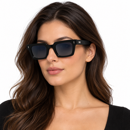 Óculos de Sol Feminino Preto Quadrado com Lentes Azul Degradê