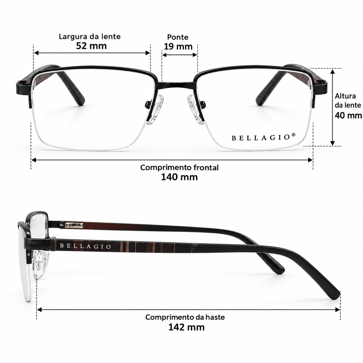 Óculos de Grau Masculino Bellagio Preto Retangular