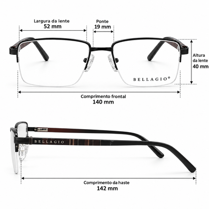 Óculos de Grau Masculino Bellagio Preto Retangular