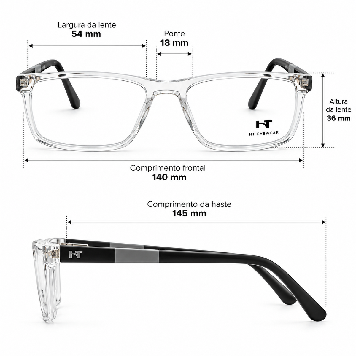 Óculos de Grau Masculino HT Eyewear Cristal com Hastes Pretas