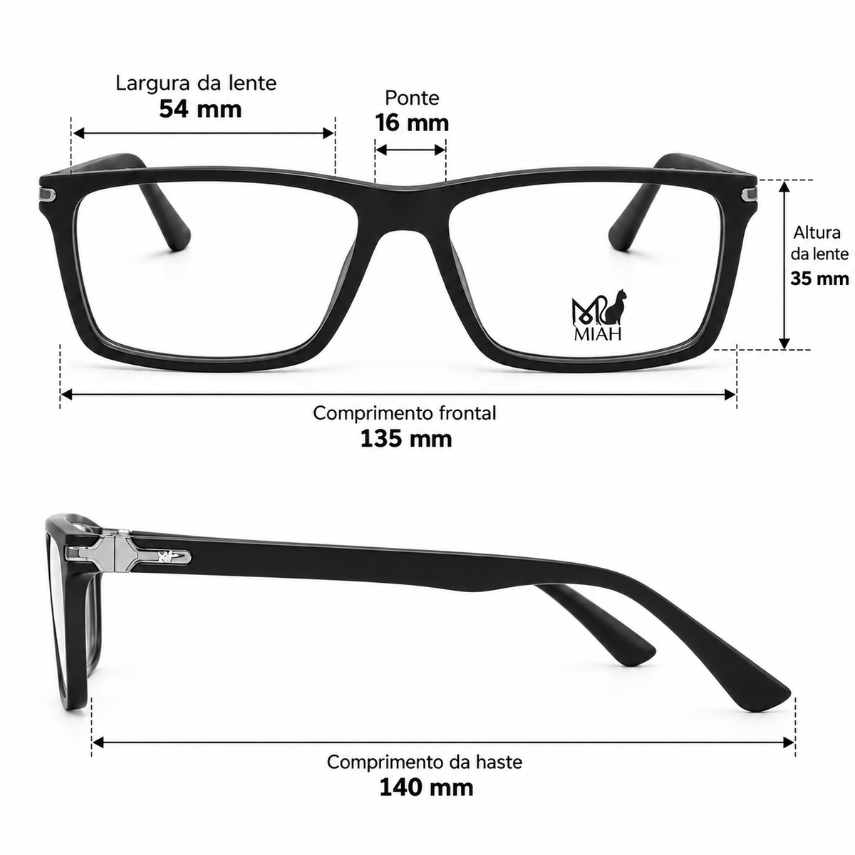 Óculos de Grau Masculino MIAH Preto Retangular