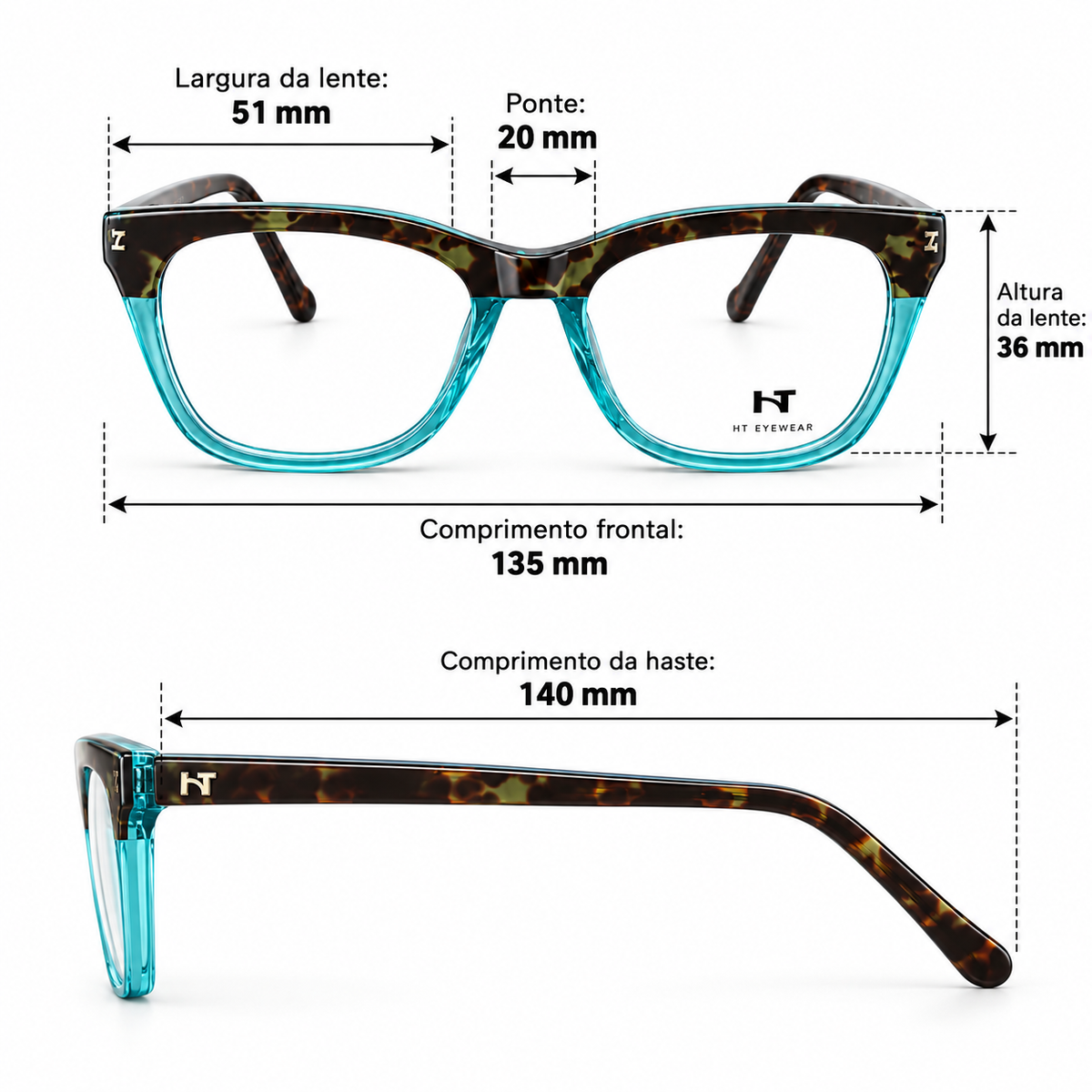 Óculos de Grau Feminino HT Tartaruga e Azul Translúcido
