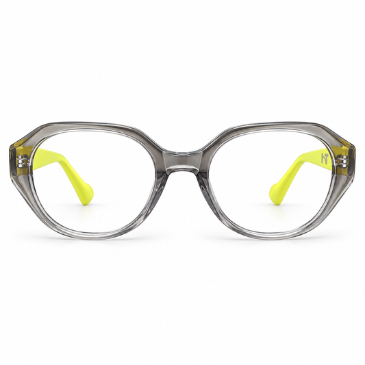 Óculos de Grau Feminino HT Cinza Translúcido com Amarelo Neon