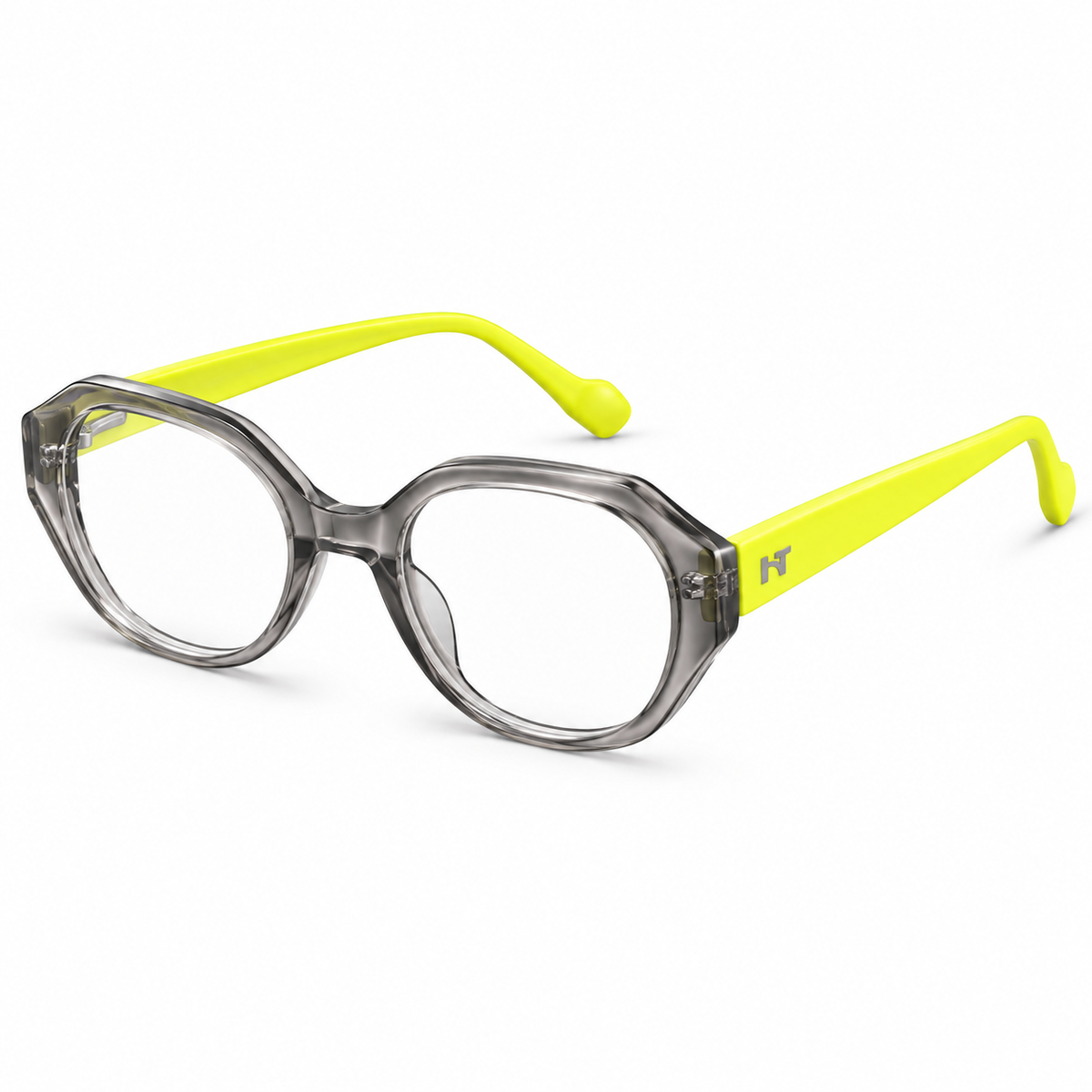 Óculos de Grau Feminino HT Cinza Translúcido com Amarelo Neon