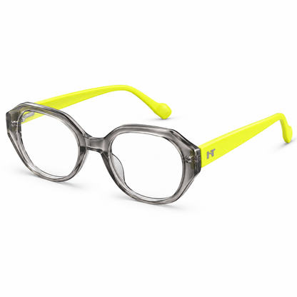 Óculos de Grau Feminino HT Cinza Translúcido com Amarelo Neon
