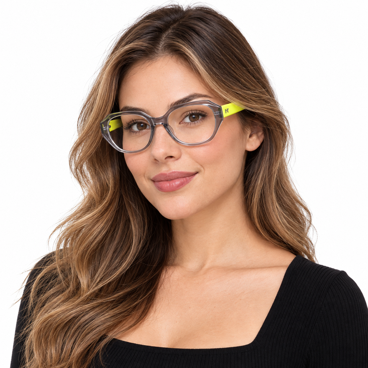 Óculos de Grau Feminino HT Cinza Translúcido com Amarelo Neon