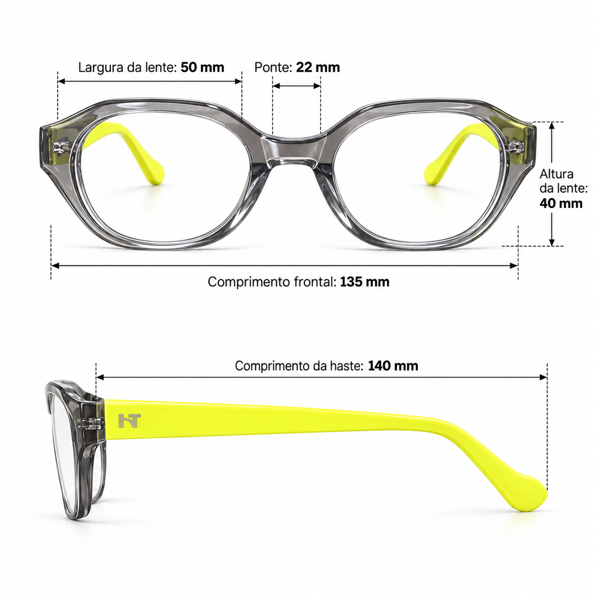 Óculos de Grau Feminino HT Cinza Translúcido com Amarelo Neon