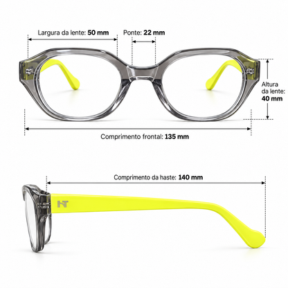 Óculos de Grau Feminino HT Cinza Translúcido com Amarelo Neon