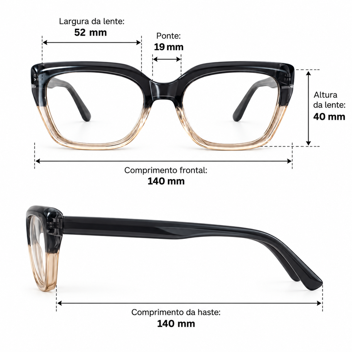 Óculos de Grau Feminino Bicolor Preto Fumê e Champanhe