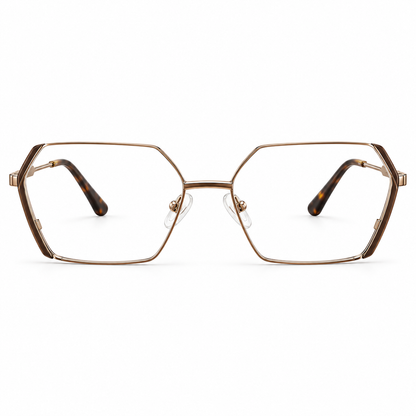 Óculos de Grau Feminino Geométrico Dourado com Detalhes Marrom