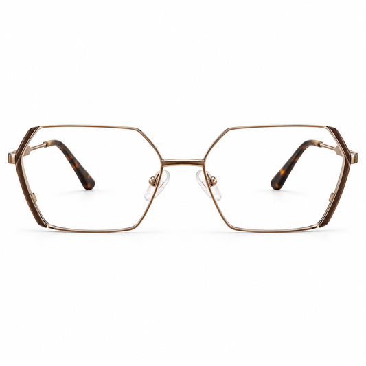 Óculos de Grau Feminino Geométrico Dourado com Detalhes Marrom