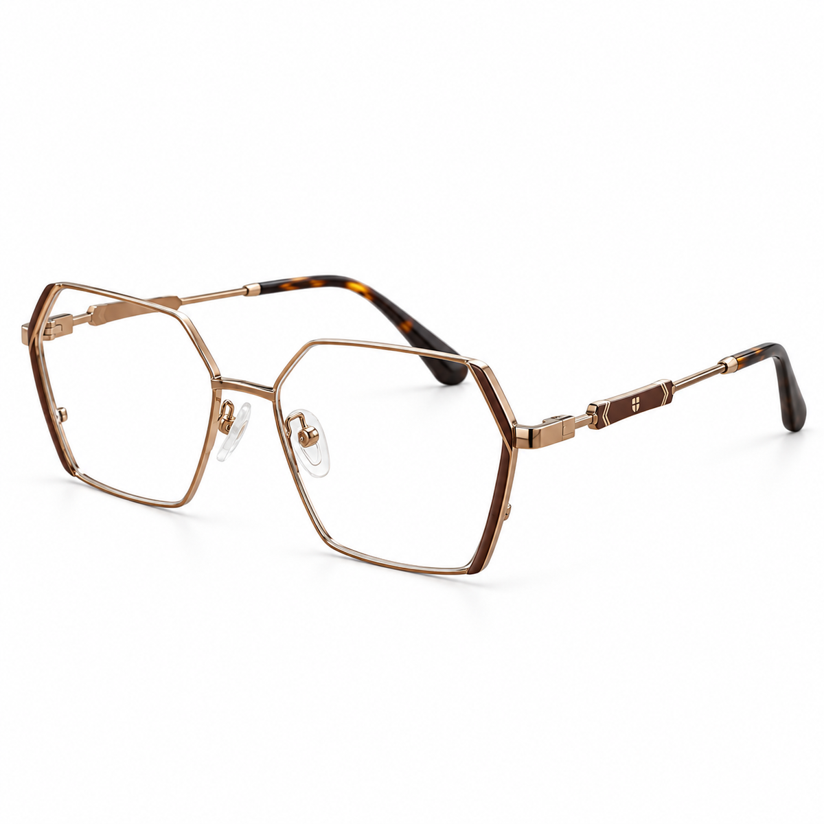 Óculos de Grau Feminino Geométrico Dourado com Detalhes Marrom