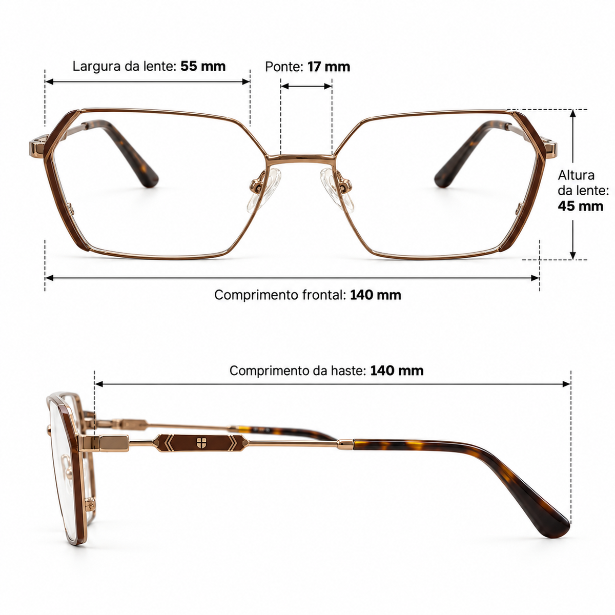 Óculos de Grau Feminino Geométrico Dourado com Detalhes Marrom